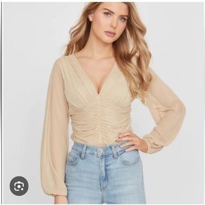 Guess Adeuce golden tan rouched deep v-neck long sleeve bodysuit sz S